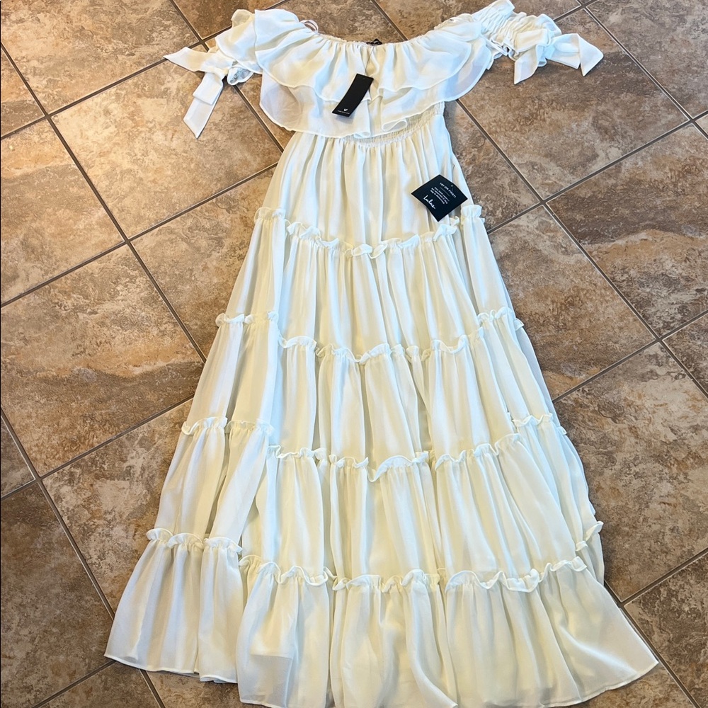 Lulu's Cream Off-Shoulder Ruffle Dress